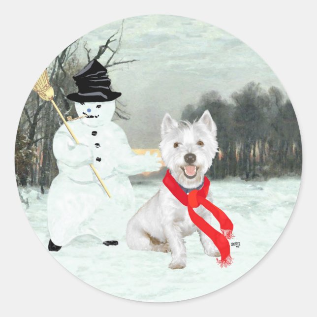 Winter Westie with a Snowman Classic Round Sticker (Front)