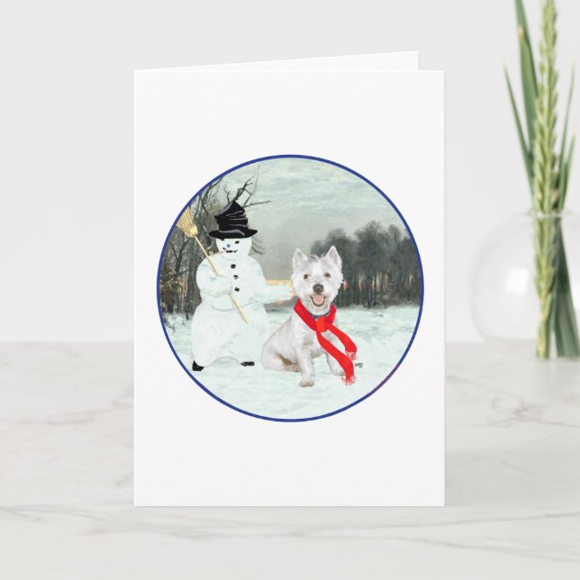 Winter Westie with a Snowman Holiday Card (Front)