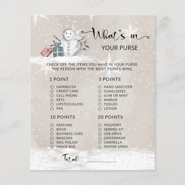 Winter What's in your purse baby shower game (Front)