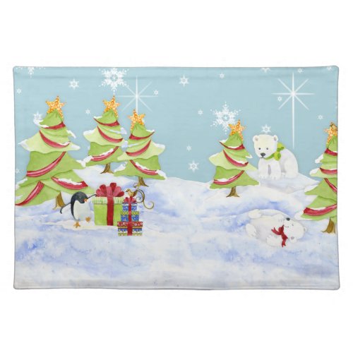 Winter Whimsey Penguin Polar Bear Babies in Snow Cloth Placemat