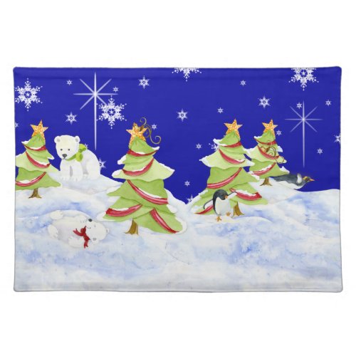 Winter Whimsey Penguin Polar Bear Babies in Snow Cloth Placemat