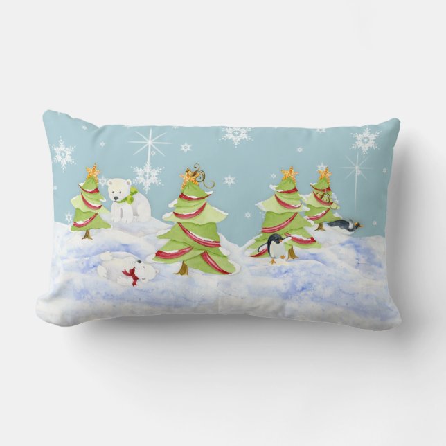 Winter Whimsey Penguin Polar Bear Babies in Snow Lumbar Pillow (Front)