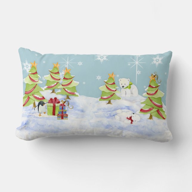 Winter Whimsey Penguin Polar Bear Babies in Snow Lumbar Pillow (Front)