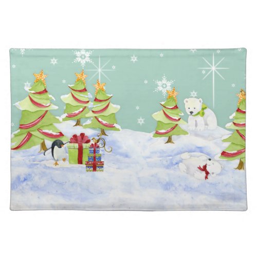 Winter Whimsey Penguin Polar Bear Babies in Snow Placemat