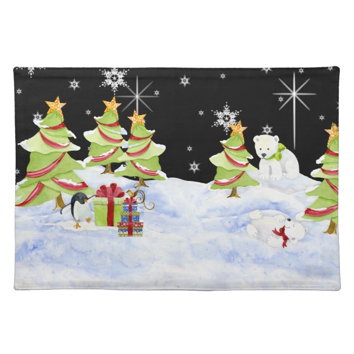 Winter Whimsey Penguin Polar Bear Babies in Snow Place Mat