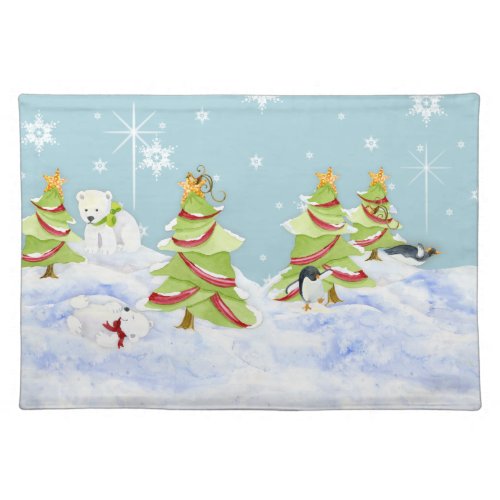 Winter Whimsey Penguin Polar Bear Babies in Snow Placemat