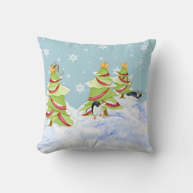 Winter Whimsey Penguin Polar Bear Babies in Snow Throw Pillow (Front)