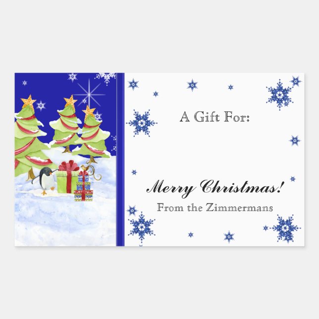 Winter Whimsy Cute Penguin Babies in Snow Star Rectangular Sticker (Front)