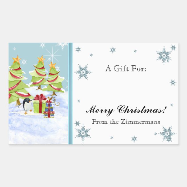 Winter Whimsy Cute Penguin Babies in Snow Star Rectangular Sticker (Front)