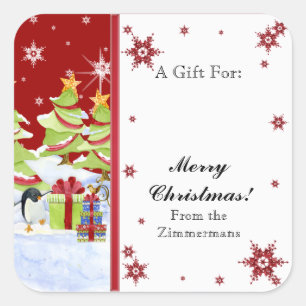 Winter Whimsy Cute Penguin Babies in Snow Star Square Sticker