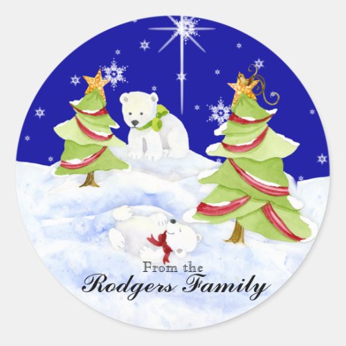 Winter Whimsy Cute Polar Bear Babies in Snow Star Classic Round Sticker