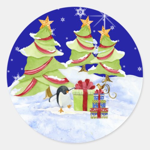 Winter Whimsy Cute Polar Bear Babies in Snow Star Classic Round Sticker