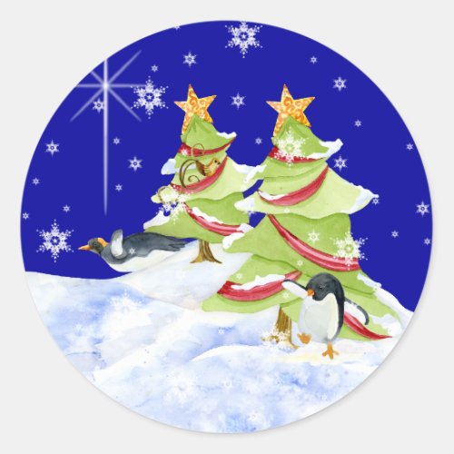 Winter Whimsy Cute Polar Bear Babies in Snow Star Classic Round Sticker