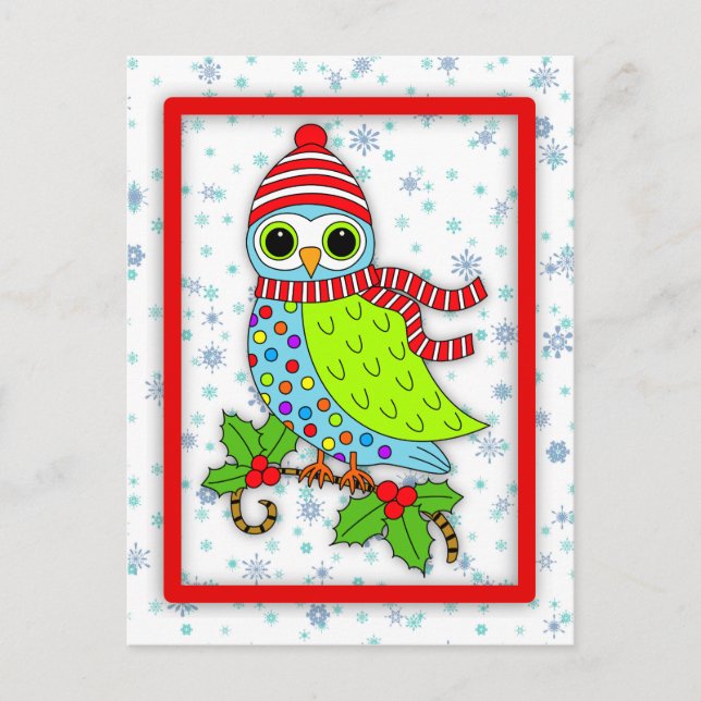 Winter Whimsy Owl With Border Postcard (Front)