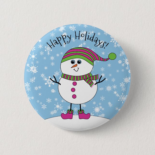 Winter Whimsy Snowman Happy Holidays Button (Front)