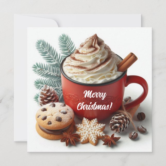 Winter whipped cream hot coffee in a red mug  holiday card (Front)