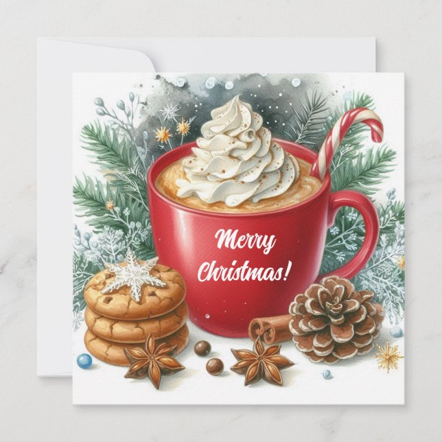 Winter whipped cream hot coffee in a red mug holiday card (Front)