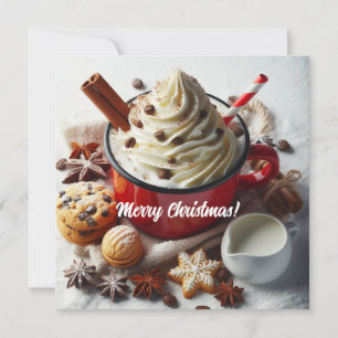Winter whipped cream hot coffee in a red mug  holiday card