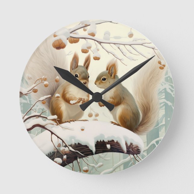 Winter Whispers: Squirrel Snowdance Round Clock (Front)
