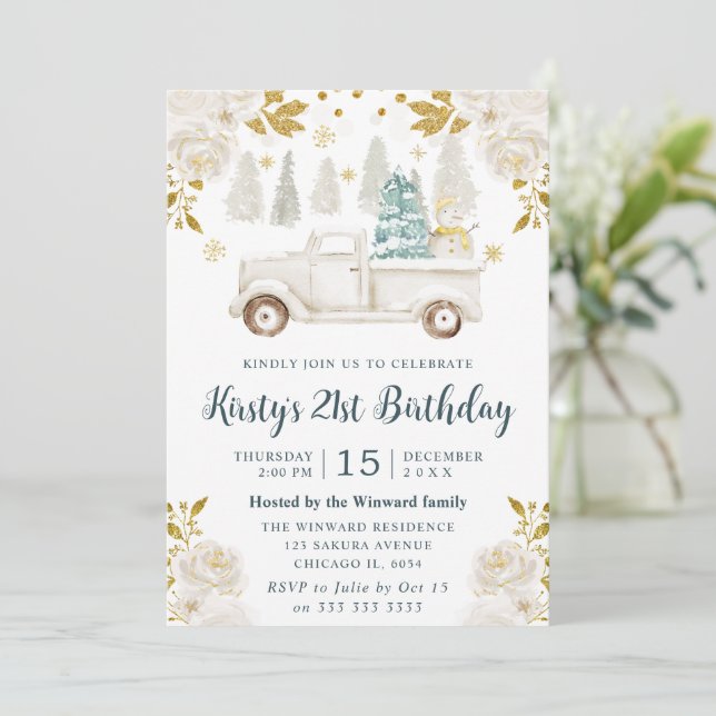 Winter White and Gold Truck Floral Birthday Invitation (Standing Front)