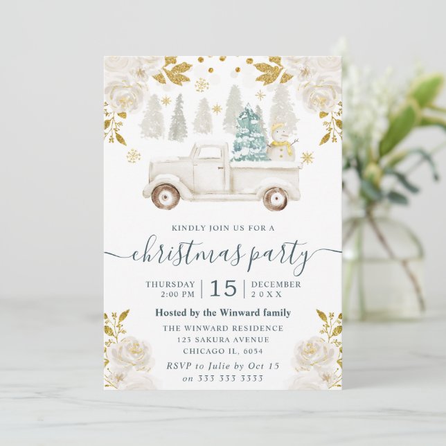 Winter White and Gold Truck Floral Christmas Invitation (Standing Front)