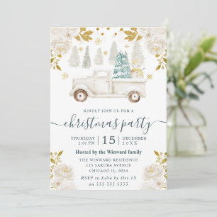 Winter White and Gold Truck Floral Christmas Invitation