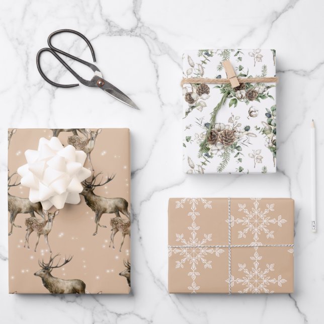 Winter White and Kraft Holiday Assortment of Wrapping Paper Sheets (Front)