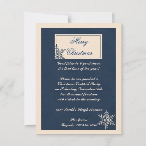 Winter White and Navy Blue Snowflake Christmas Invitation