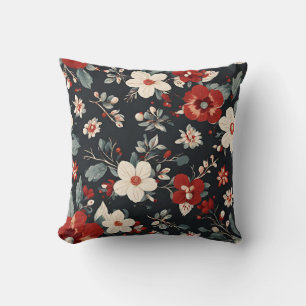 winter white and red flowers, grey blue leaves  throw pillow
