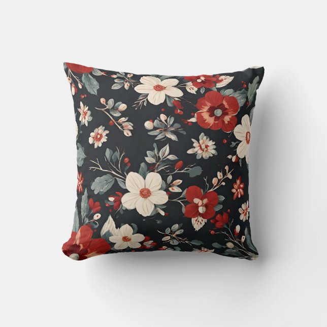 winter white and red flowers, grey blue leaves  throw pillow (Front)