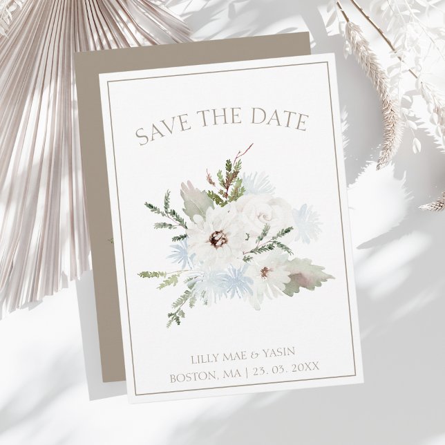 Winter White and Taupe Floral Wedding Save The Date (Creator Uploaded)