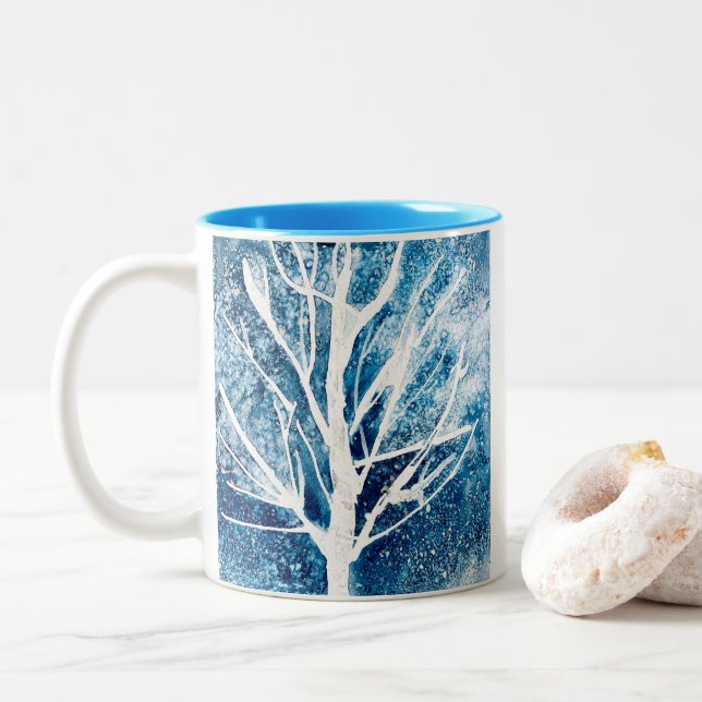 Winter white birch tree Christmas Two-Tone Coffee Mug (With Donut)