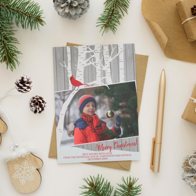 Winter white birch trees photo rustic barn wood holiday card (Creator Uploaded)