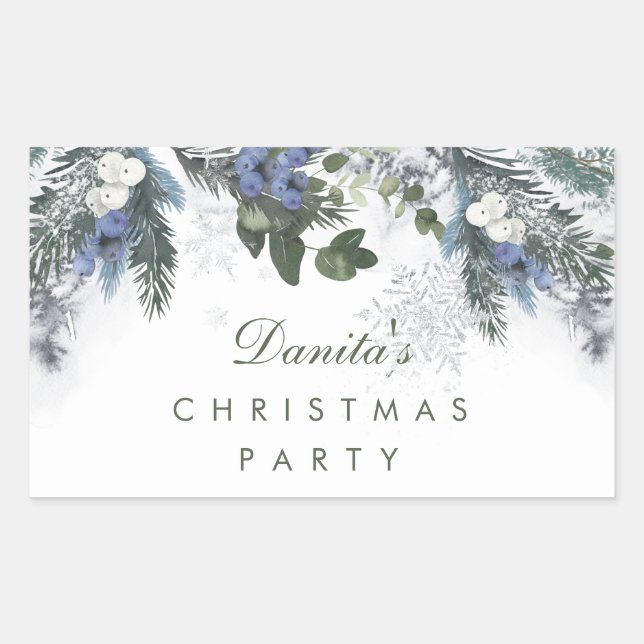 Winter White Blue Christmas Pine Personalized Rectangular Sticker (Front)