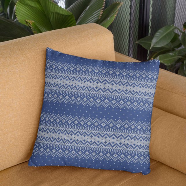 Winter White & Blue Fair Isle Knitting Pattern Throw Pillow (Creator Uploaded)