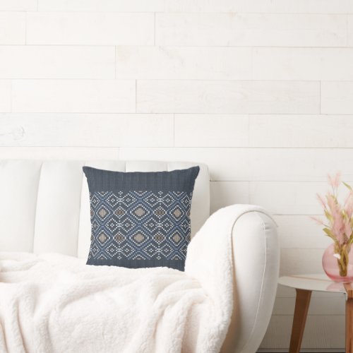 Winter White Blue Geometric Knitting Pattern Throw Pillow