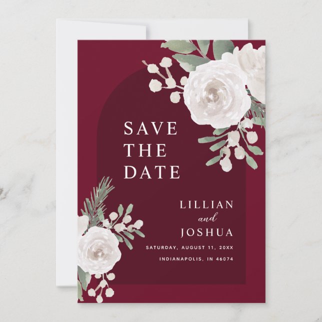 Winter White Botanical Burgundy Wedding Save The Date (Front)