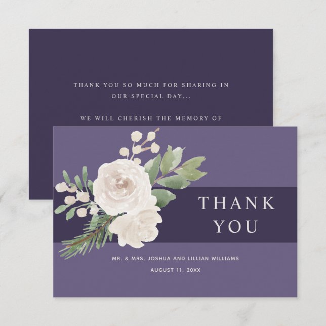 Winter White Botanical Purple Wedding Thank You Card (Front/Back)