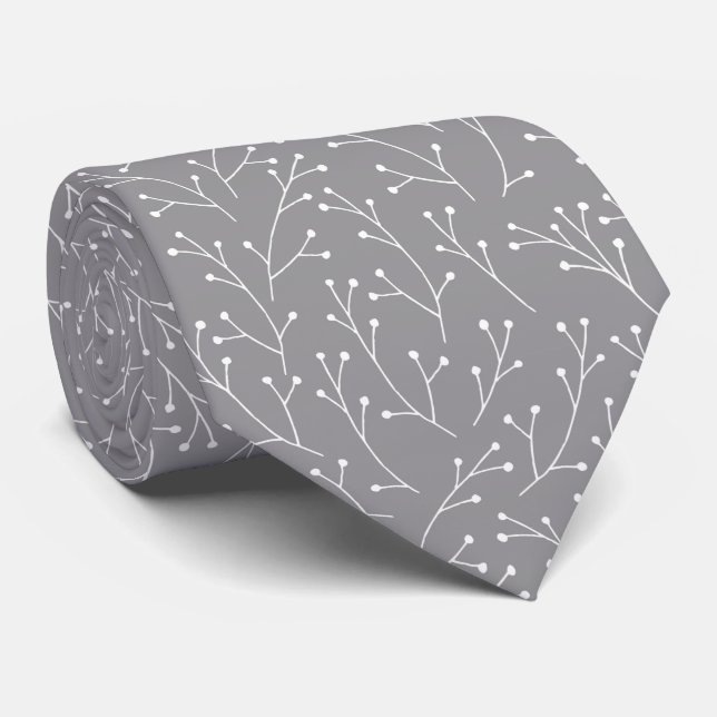 Winter White Branches on Dove Gray Neck Tie (Rolled)