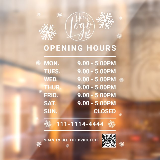 Winter White Business opening hours logo qr code Window Cling (Sheet 2)