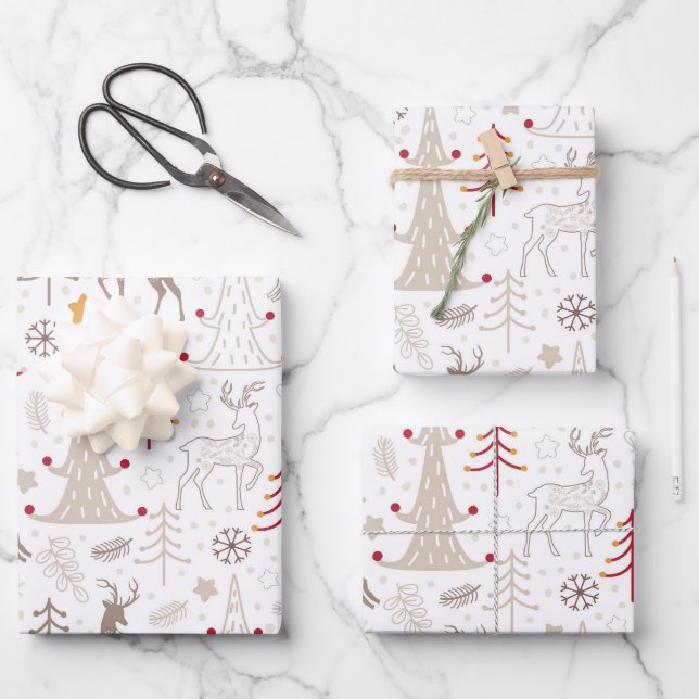 Winter White, Christmas Tree and Deer Wrapping Paper Sheets (Front)
