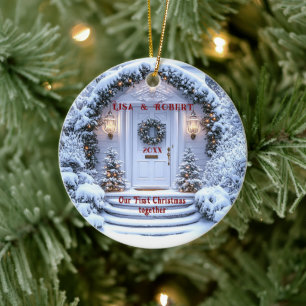 Winter White Door Wreath First Christmas Together Ceramic Ornament