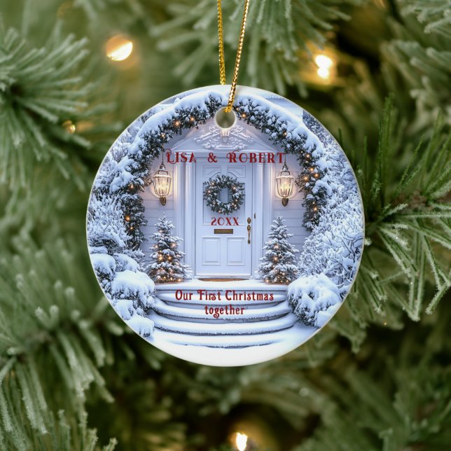 Winter White Door Wreath First Christmas Together Ceramic Ornament (Tree)