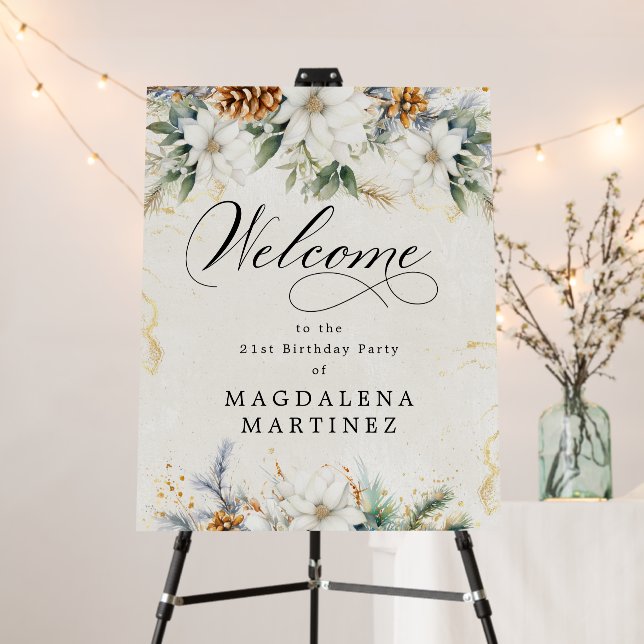Winter White Floral 21st Birthday Welcome Sign (In Situ (Stand))