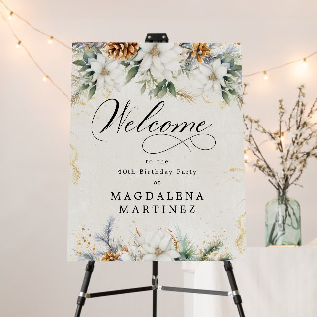 Winter White Floral 40th Birthday Welcome Sign (In Situ (Stand))