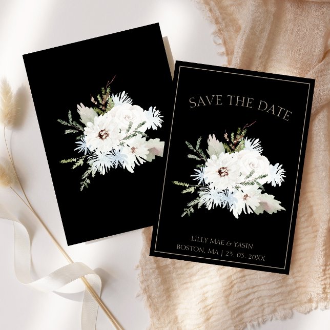 Winter White Floral and Black Christmas Wedding Save The Date (Winter White Floral and Black Christmas Wedding Save The Date)
