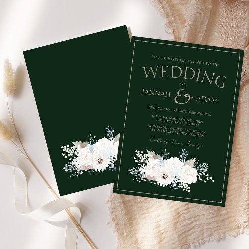 Winter White Floral and Green Christmas Wedding Invitation