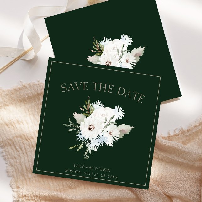 Winter White Floral and Green Christmas Wedding Save The Date (Winter White Floral and Green Christmas Wedding Save The Date)