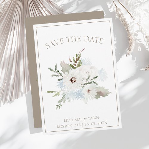 Winter White Floral and Taupe Christmas Wedding Save The Date