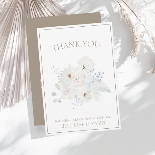 Winter White Floral and Taupe Christmas Wedding Thank You Card